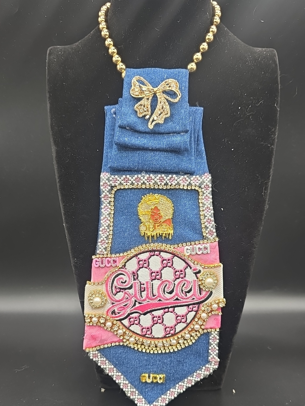 Blue Denim Tie Necklace with Pink & Gold Embellishments